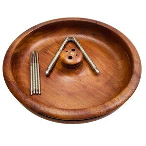 Vintage Handmade Wooden Nut Bowl w/ Nut Cracker & 4 Picks 10" MCM Decor *Read